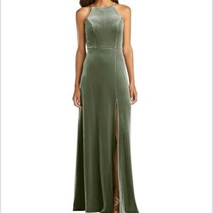 Dessy Sage Velvet Bridesmaid dress